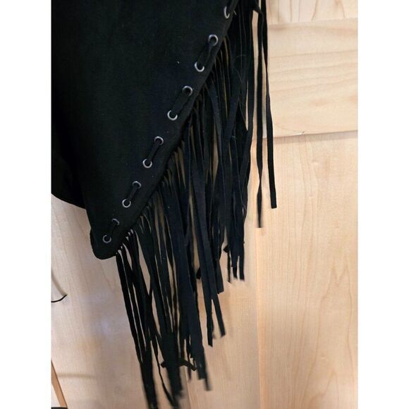 Black Faux Suede Fringe Lace-Up Skirt With Eyelet Detailing Whimsigoth Y2K - Picture 6 of 9